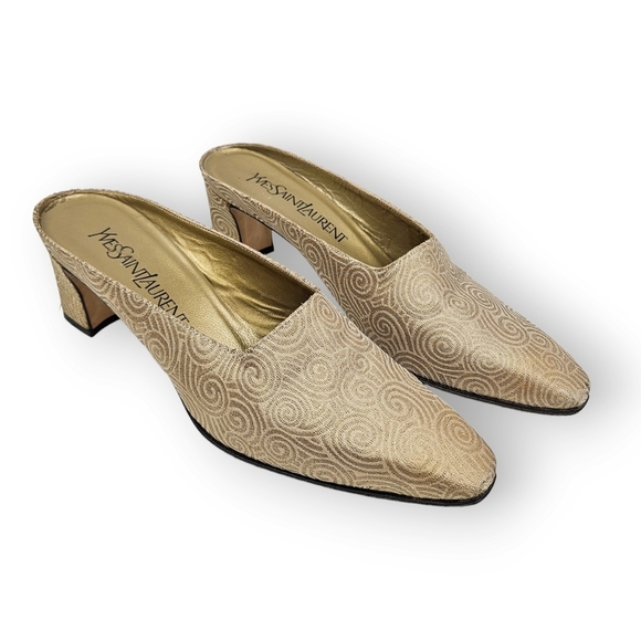 YVES Saint Laurent Mules Gold Swirl Vintage Slip On Heels YSL Women's Size 7 M
